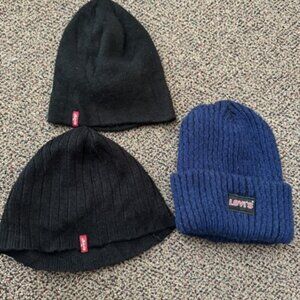 Lot Of 3 Levi’s Brand Beanies Blue Black Large One Size Knit Cap Hat Toboggan